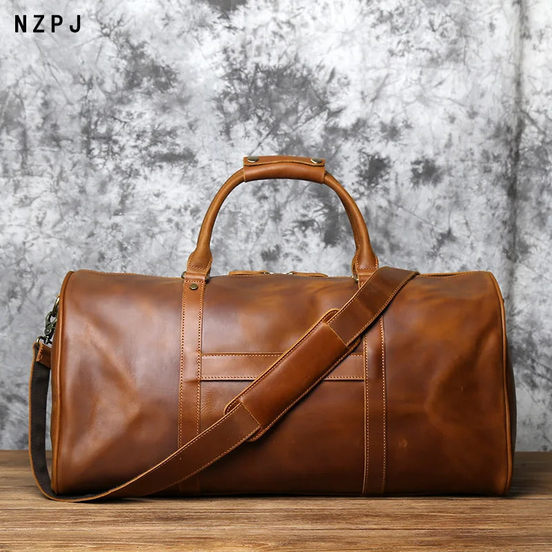 NZPJ Men's Retro Leather Large-capacity Travel Bag Crazy Horse Leather Handbag Top Layer Cowhide Business Trip Shoulder Bag