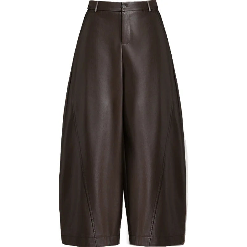 Fashionable High Waist Sheepskin Leather Pants Women's 2026 New Style Nine Points Knife Edge Pants Versatile Ladies Design