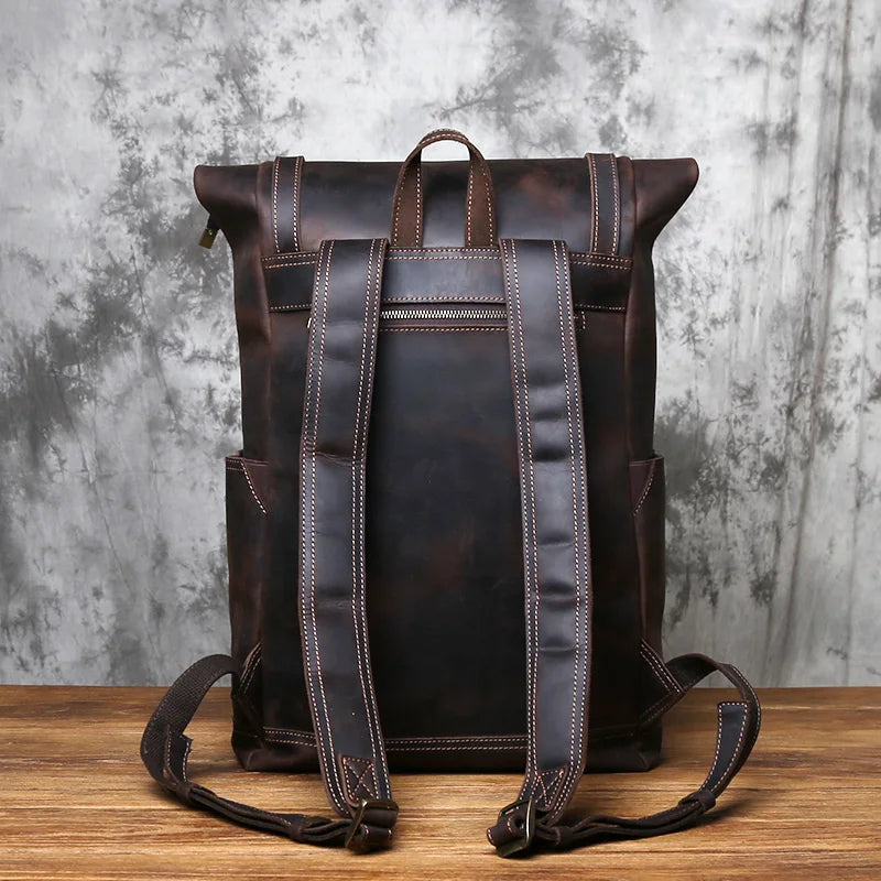 NZPJ Vintage Genuine Leather Men's Backpack Crazy Horse Leather Computer Bag Natural Top Layer Cowhide Backpack Travel Bag