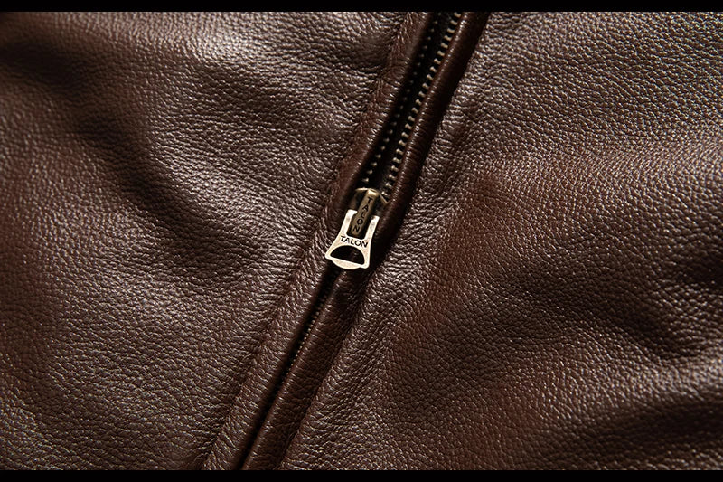 Men's Brown Leather Jacket  Vintage Flight Jacket with Stand Collar, Military Style, Front Zipper, Sleeve Pocket, Ribbed Hem