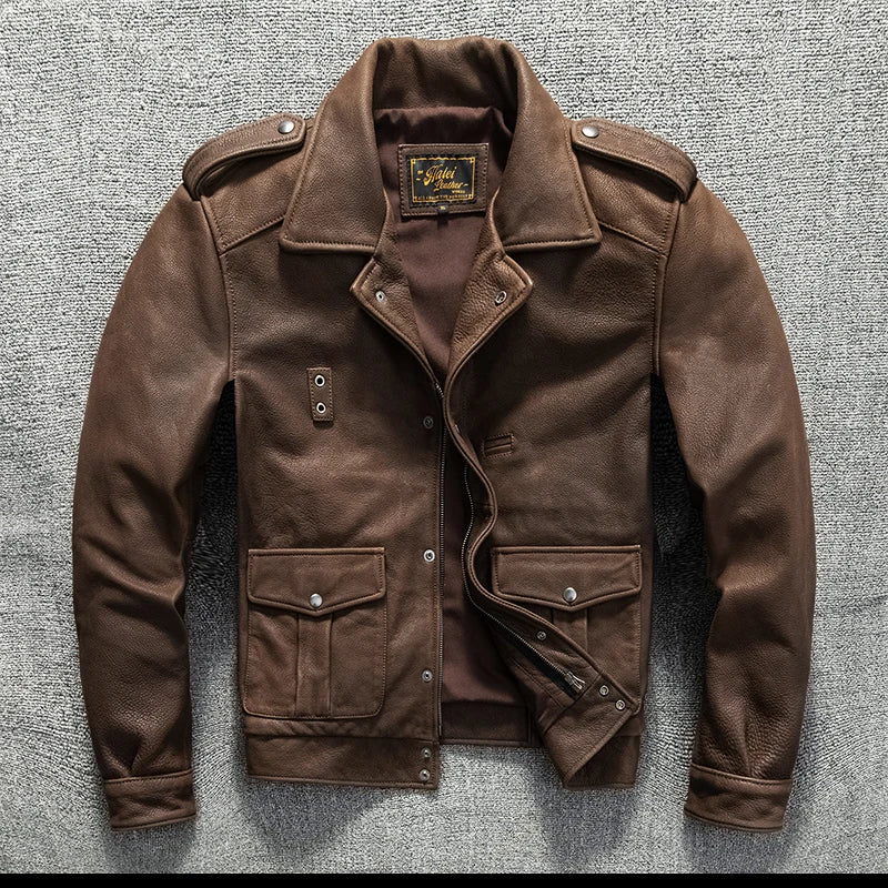 Genuine Natural Thick Cowhide California Mounted Police Coat Dark Brown Winter Leather Jacket Men Retro Style Plus Size 5XL