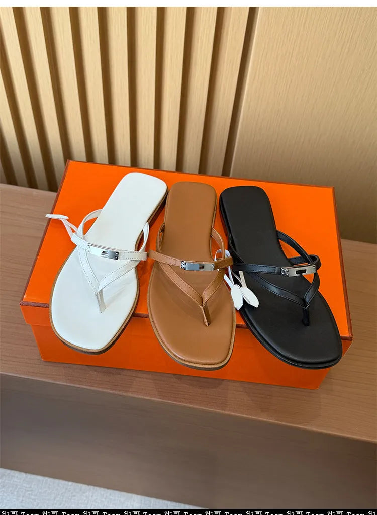 Summer 2026 Women's Casual Metal Lock Buckle Sandals Thong Slippers with Strap for Outdoor Beach Vacation Flat Heel Shoes