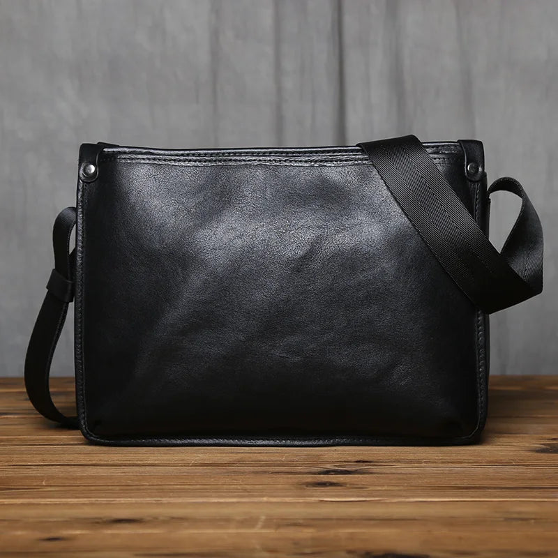NZPJ Vintage Genuine Leather Men's Shoulder Bag Casual Top-Grain Cowhide Crossbody Bag For 10-inch IPad