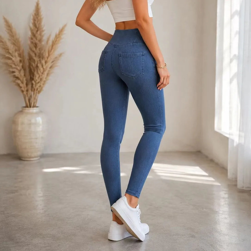 High Elasticity Yoga Jeans Women's Casual Straight Leg Pocket Design Slimming Tight Fit Princess Series Polyester Fiber