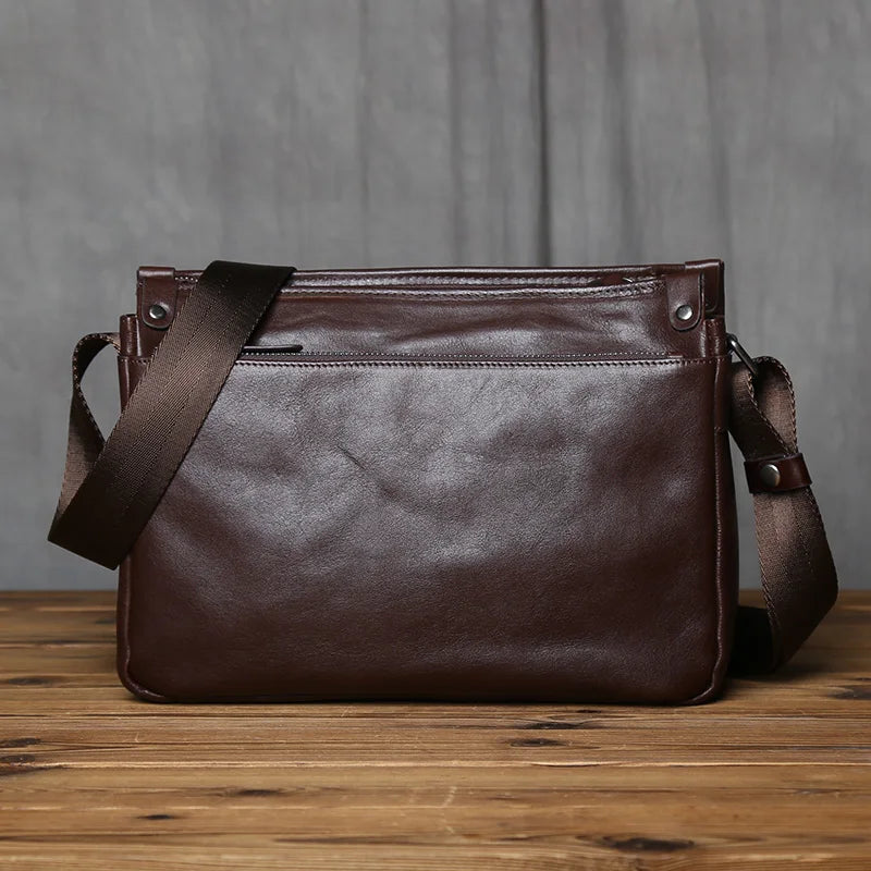 NZPJ Vintage Genuine Leather Men's Shoulder Bag Casual Top-Grain Cowhide Crossbody Bag For 10-inch IPad