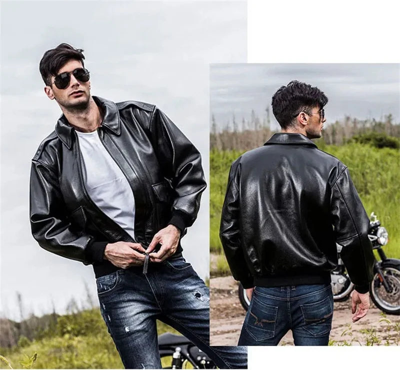 Black Winter Leather Jacket Men Military Style Europe Size Genuine Natural Thick Cowhide Warm Turn-Down Collar A2 Flight Coat