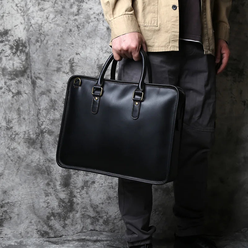 NZPJ Men's Briefcase Leather Handbag Retro Top Layer Cowhide Laptop Bag Crazy Horse Leather Shoulder Messenger Bag Luxury Bag