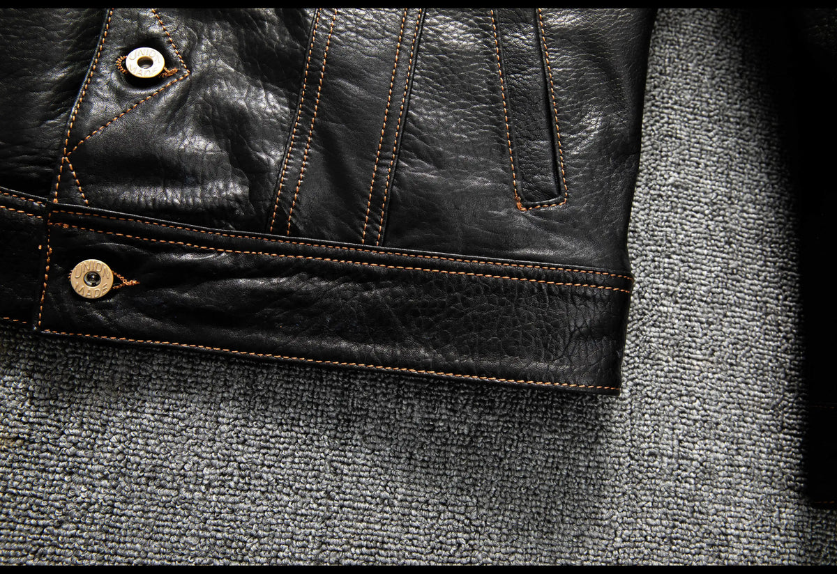 Men's Genuine Sheepskin Leather Trucker Jacket Black Type III Denim Cut Cream Contrast Stitch Brass Snap Short Casual Coat