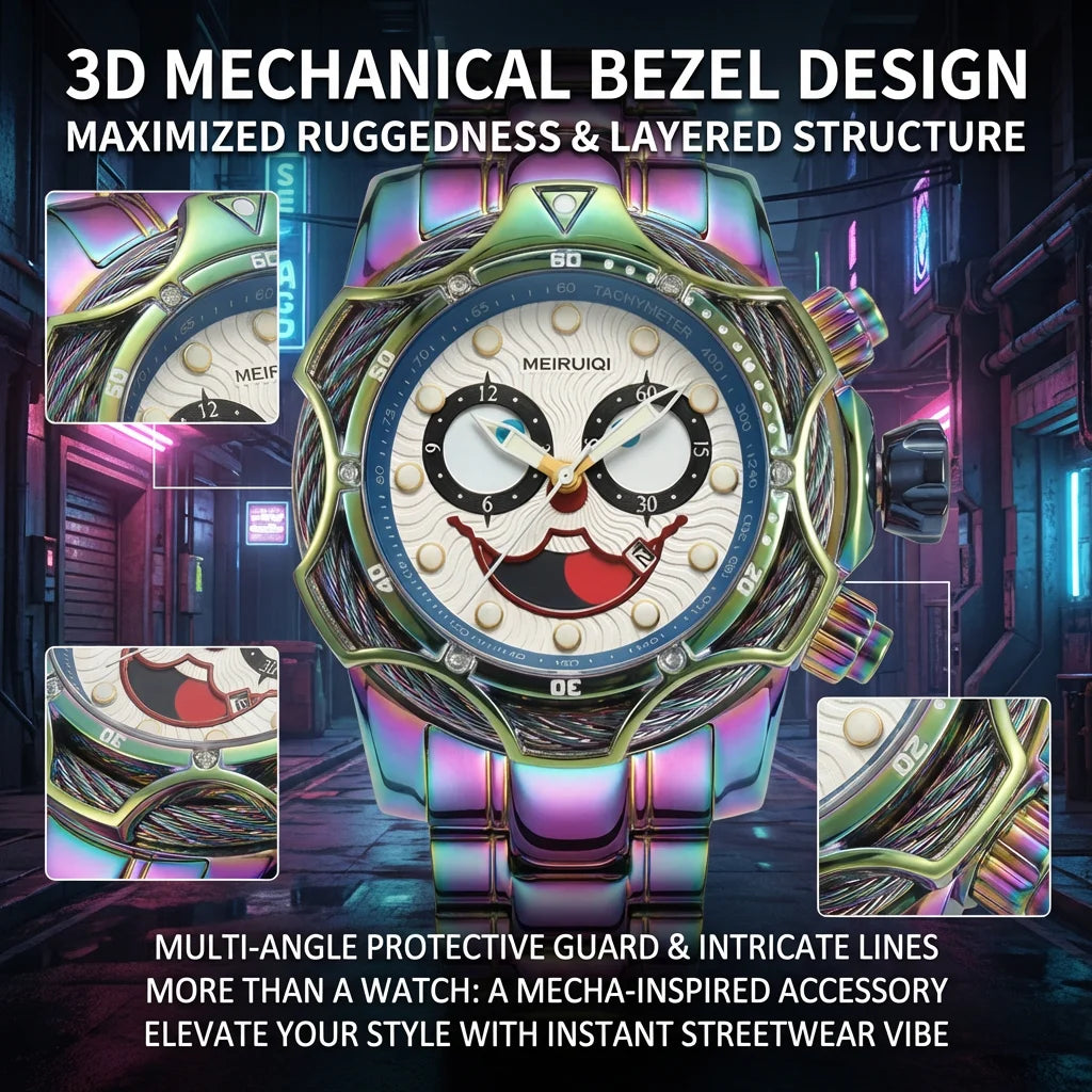 4pc Men's Iridescent Clown Face Metal Band Bold Crystal-studded Sunglasses Perfume Mechanical Watch Gift Box Set for Party