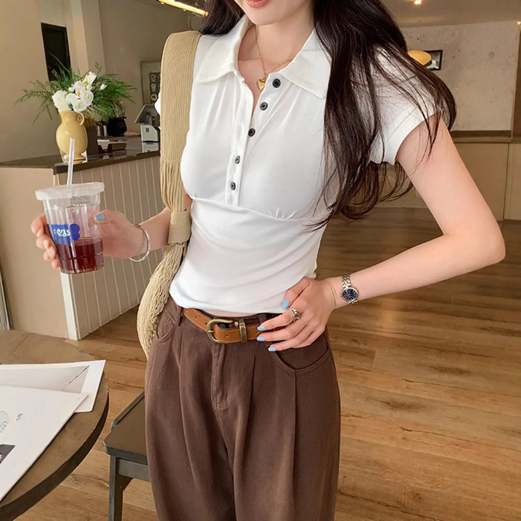 American Style Collared Short Sleeve T-Shirt Women Summer Slim Fit Flattering Short Length Fashionable Casual Commute Wear