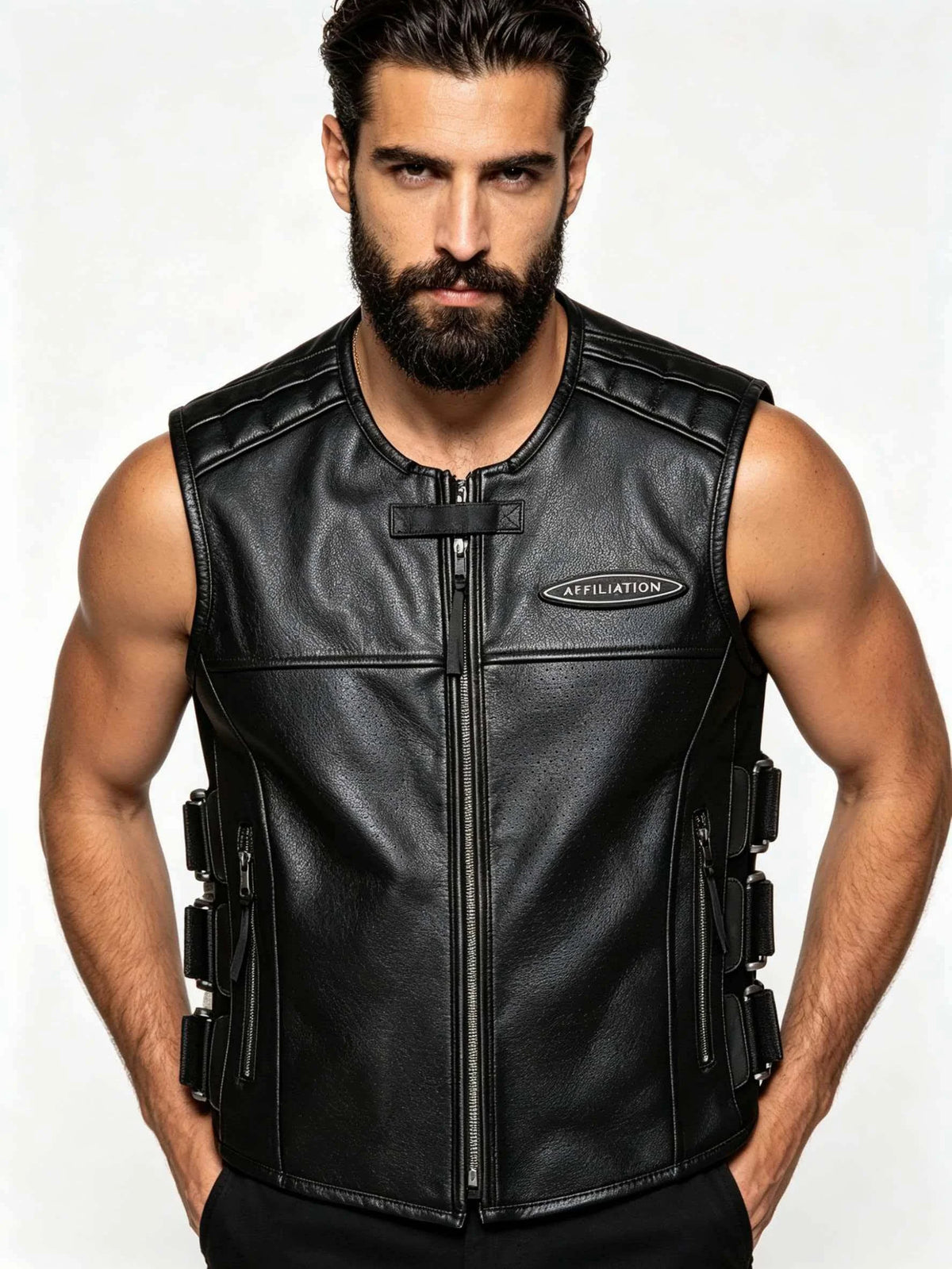 Men's Black Leather Motorcycle Vest Genuine Cowhide Biker Sleeveless Jacket Zip Front Side Lace-Up Multi-Pocket Club Style