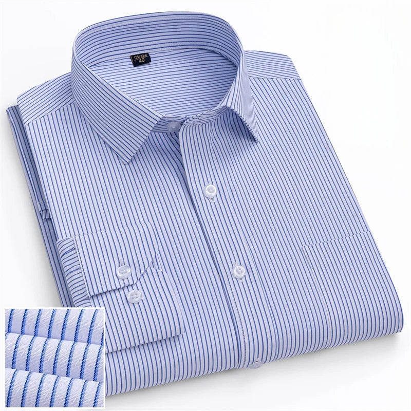 Men Formal Shirt Long Sleeve Office Solid Color Striped Fashion Business Pocket White Social Shirt Men's Clothing 5XL 6XL