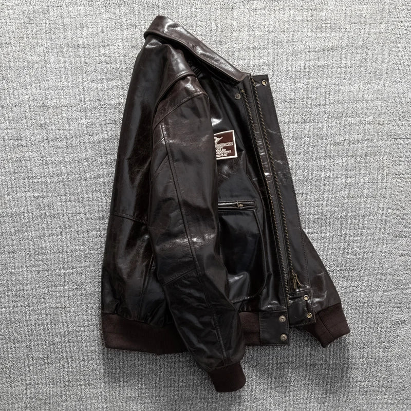 Men's Genuine Leather Military Flight Jacket | Real Leather Embroidered Patches G-1 Bomber Pilot High-Gloss Oil-Wax Brown