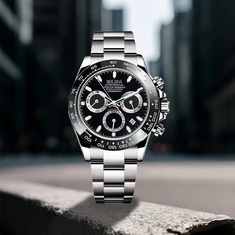 A Men's Silver Steel Strap Trendy Business Trinocular Multi-Function Graduated Quartz Watch