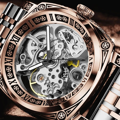 A men's fashion gentlemen's elegant pentagram rose gold and steel mechanical watch