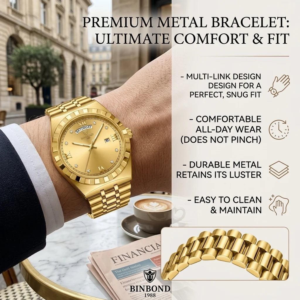 4pcs Men's Gold Stainless Steel Luxury Diamond Accents Sunglasses Perfume Quartz Watch Gift Set for Birthdays & Anniversaries