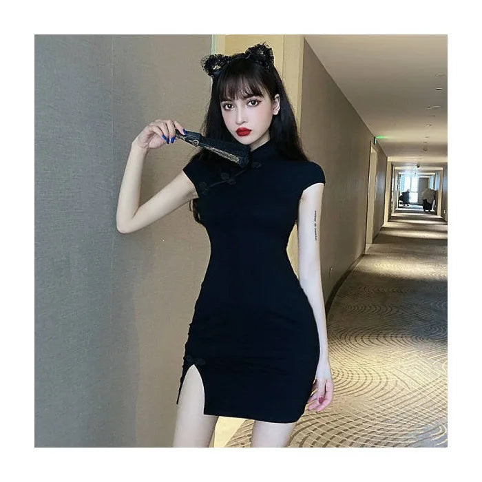 Young Women's Improved Cheongsam Dress Black Slimming New Chinese Style Short Sleeve Midi Dress with Shawl for Summer