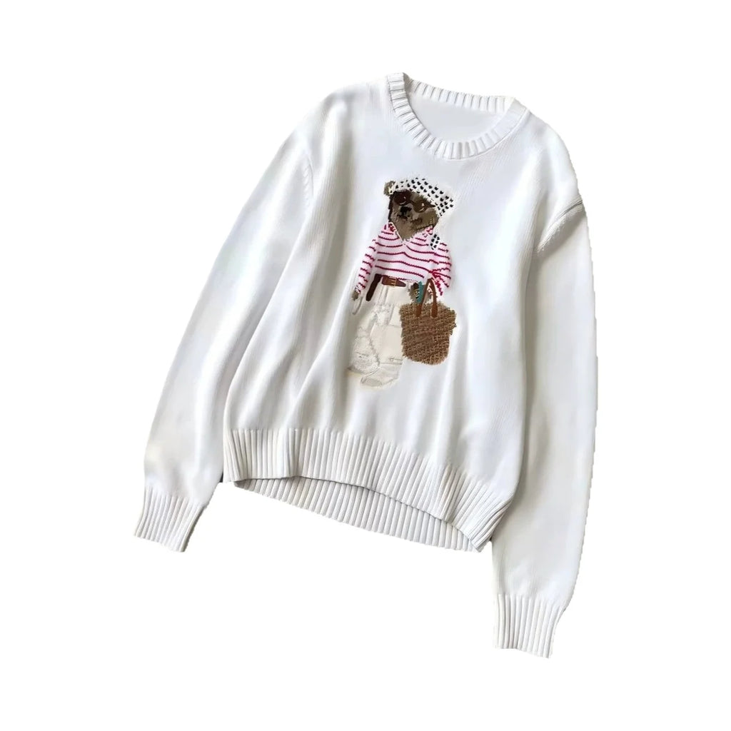 Loose Fit round Neck Knitwear Summer Women's Style Cotton Linen Blend Long Sleeve Casual Top Animal Pattern Embroidered