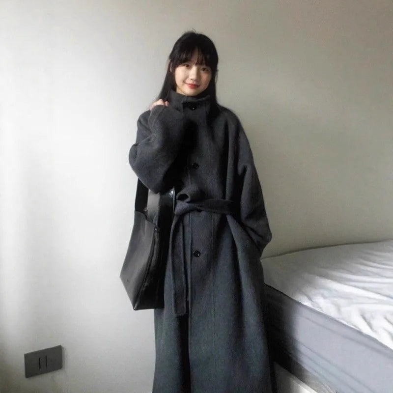 Plus Size Gray Woolen Coat Korean Minimalist Style Women's Medium Length Loose Fit Autumn Winter New Arrival Fashion Outerwear