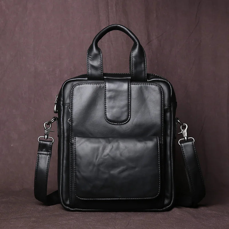 New Leather Men's Handbag Top Layer Cowhide Vertical Briefcase Retro Men's One-Shoulder Messenger Bag 12 Inch Ipad Bag NZPJ
