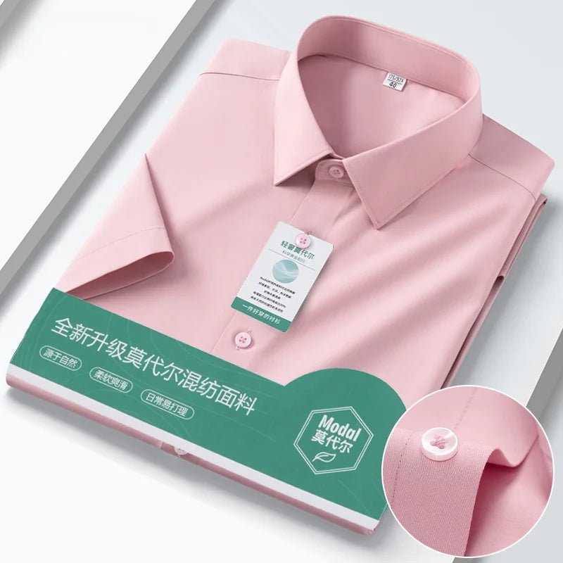 Iron-Free Ice Silk Modal Men's Business Style Slim Fit Short Sleeve Shirt Pure Color Breathable Comfortable Office Work Shirt