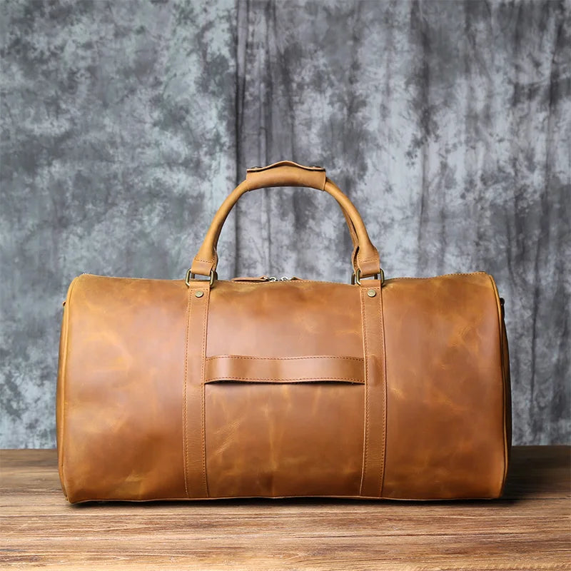 NZPJ Men's Retro Leather Large-capacity Travel Bag Crazy Horse Leather Handbag Top Layer Cowhide Business Trip Shoulder Bag