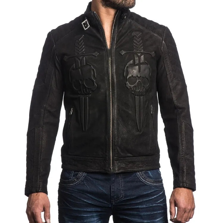 Black Winter Leather Jacket Men Vintage Style Plus Size 3XL Genuine Natural Thick Cow Suede Stand Collar Skulls Pattern Coat