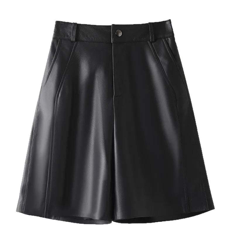 2025 PU Leather Shorts Women's Autumn Winter Loose A-Line High Waist Wide Leg Five-Quarter Length Slimming Comfortable Casual