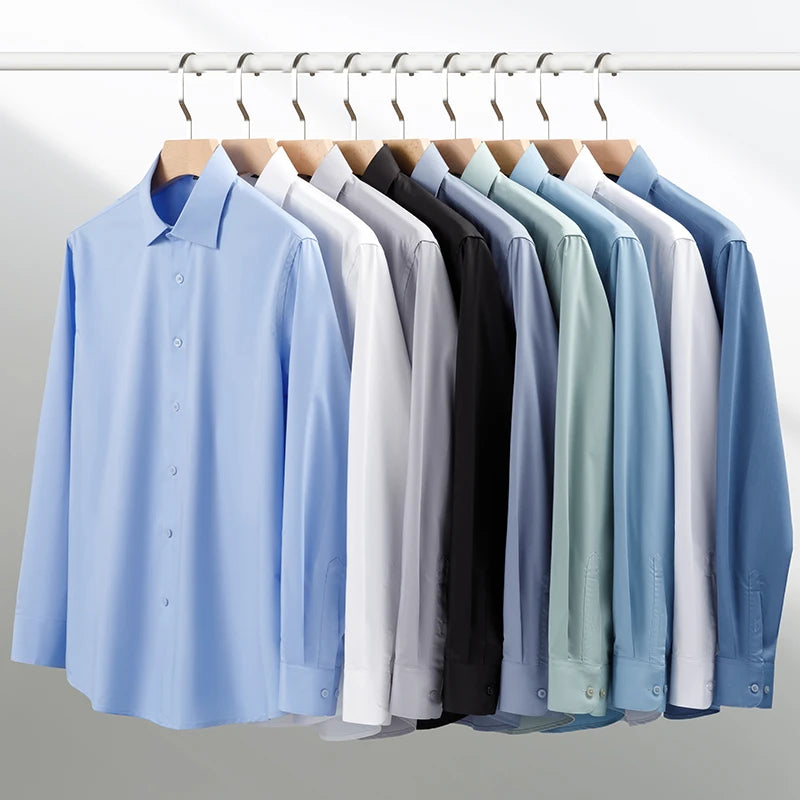 Bamboo Fiber Solid Color Long Sleeve Shirts for Men Slim Fit Formal Plain Shirt Work Anti-Wrinkle Tops Soft Office Clothes