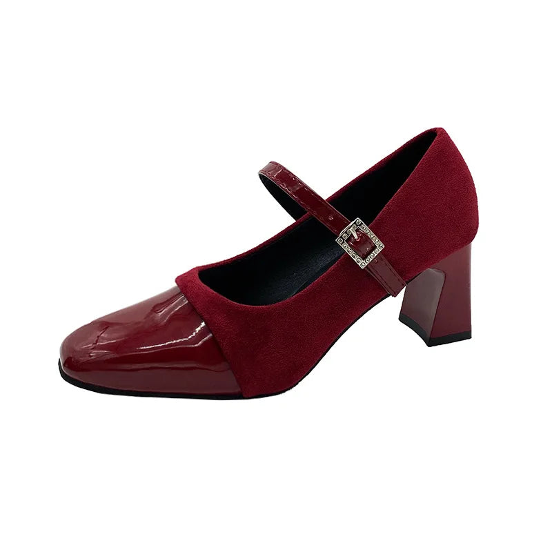 Korean Style Fashion Leopard Print Square Head Leather Color Block Rhinestone Buckle Velvet Surface Thick Heel Women's Shoes