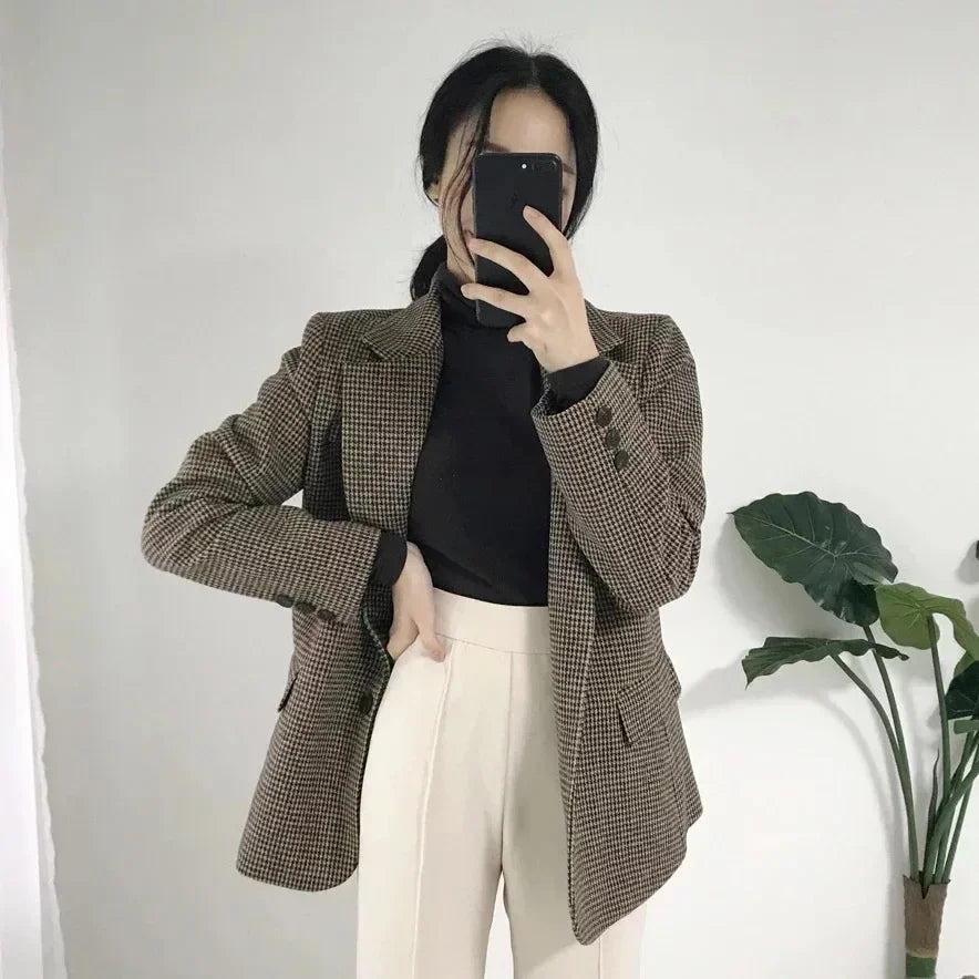 Plus Size Autumn Winter Plaid Suit Woolen Jacket Women's British Style Thickened Short Retro Small Size Big Coat Casual Outer...