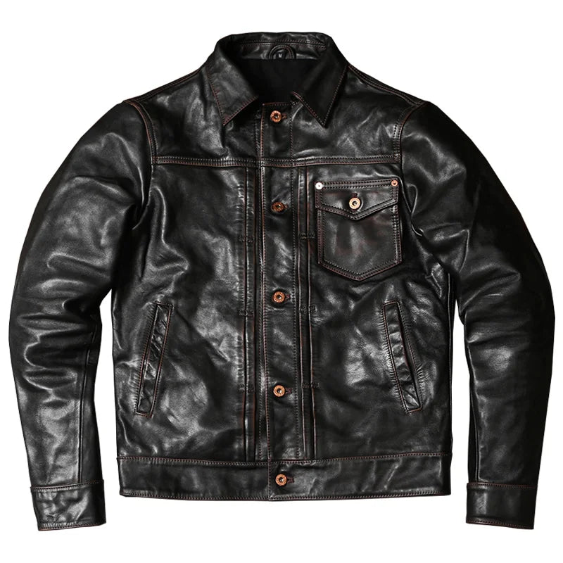 Black Autumn Leather Jacket Men Vintage Style Plus Size 5XL Genuine Natural Cowhide Turn-Down Collar Single Breasted Coat