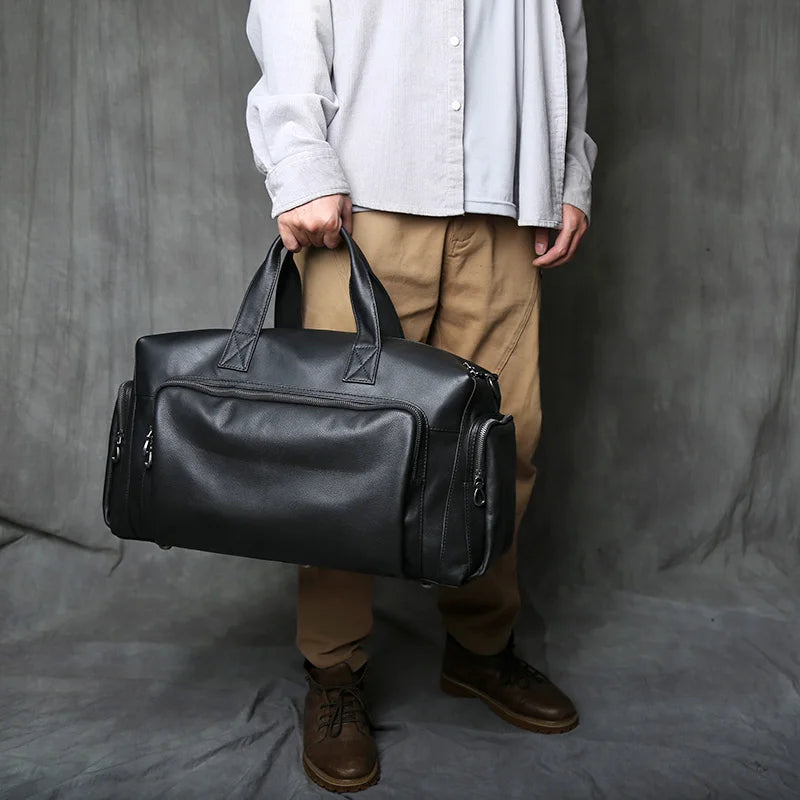 NZPJ Genuine Leather Men's Travel Bag, Casual Top Layer Cowhide Crossbody Bag, Laptop Bag, Large Capacity Luggage Bag Business