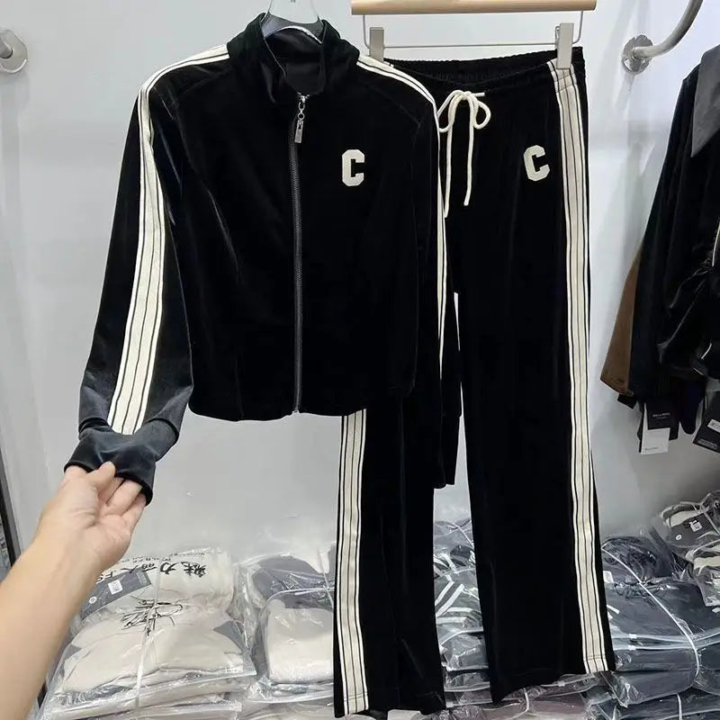 Elegant Velvet Sportswear Set for Women Straight Leg Pants High Collar Jacket Autumn Fashion Comfortable Casual Outfit Two Pi...