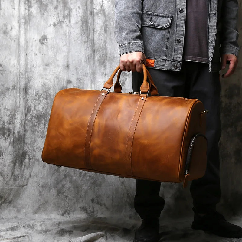 NZPJ Retro Crazy Horse Leather Men's Large-Capacity Travel Bag Leather Luggage Bag Top Layer Cowhide Handbag Shoulder Bag