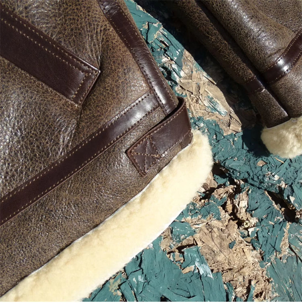 Dark Brown Winter Shearling Jacket Men Retro Style Plus Size 5XL Genuine Natural Thick Sheepskin B6 Bomber Flight Coat