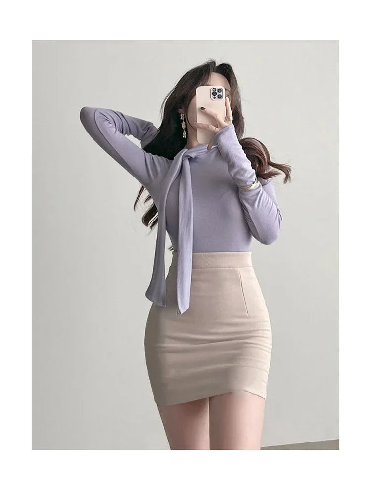 Korean Style Women's Long Sleeve T-Shirt Bow Design Halter Neck Slim Fit Comfortable Base Shirt Cotton Spring Summer Top