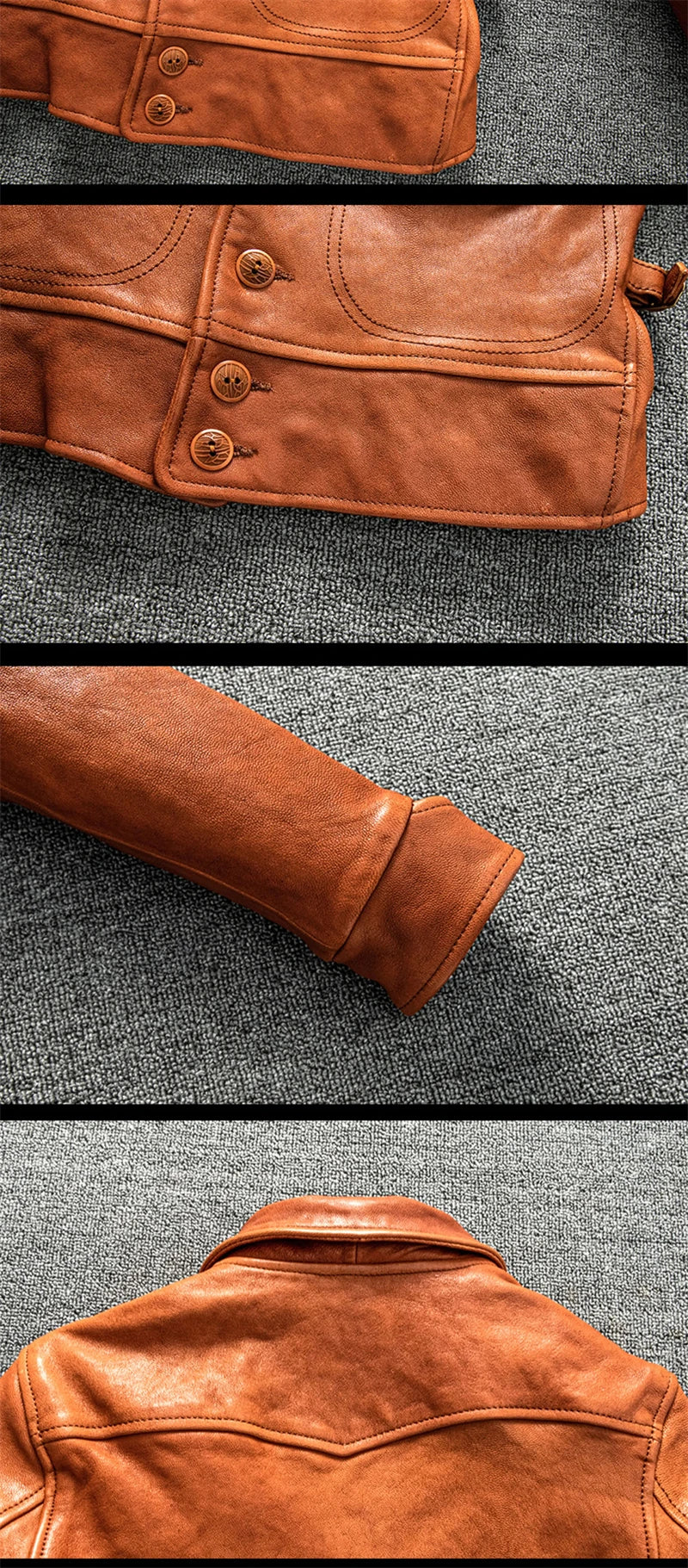 Orange Spring Leather Jacket Men Japan Casual Style Plus Size 5XL Natural Sheepskin Single Breasted Short Genuine Leather Coat