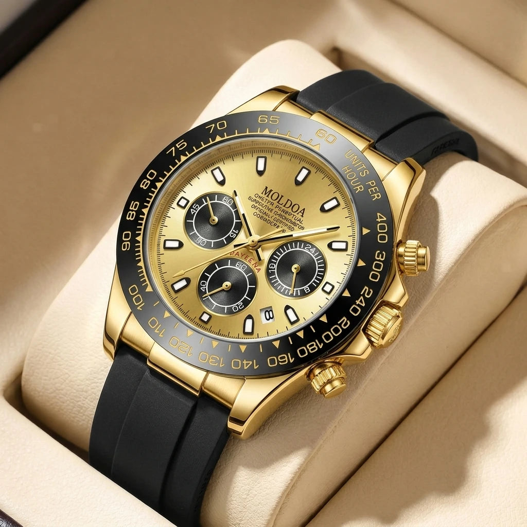 A Men's Silver Steel Strap Trendy Business Trinocular Multi-Function Graduated Quartz Watch