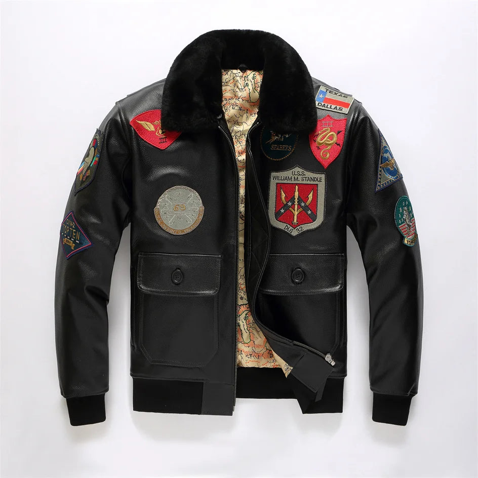 Black Winter Leather Jacket Men Retro Style Europe Size Genuine Natural Thick Cowhide Turn-Down Collar G1 Flight Coat