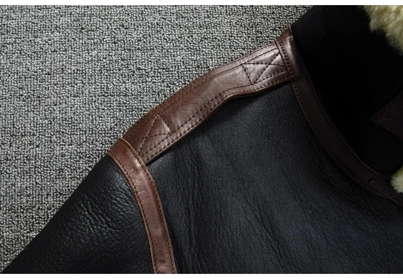 Men's Genuine Sheepskin Shearling Jacket A2 Flight Style Black Brown Fur Collar Winter Bomber Pilot Coat Thick Warm Jacket