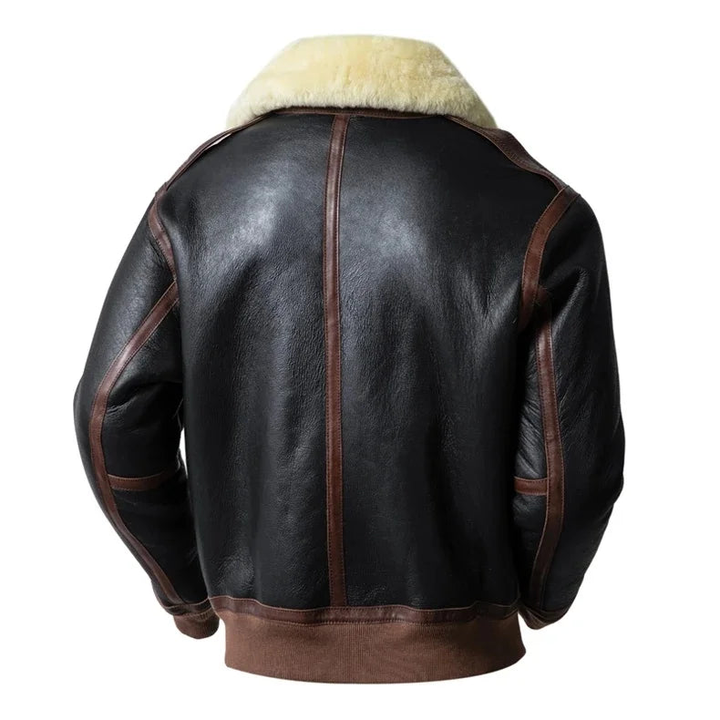 Men's Genuine Sheepskin Shearling Jacket A2 Flight Style Black Brown Fur Collar Winter Bomber Pilot Coat Thick Warm Jacket