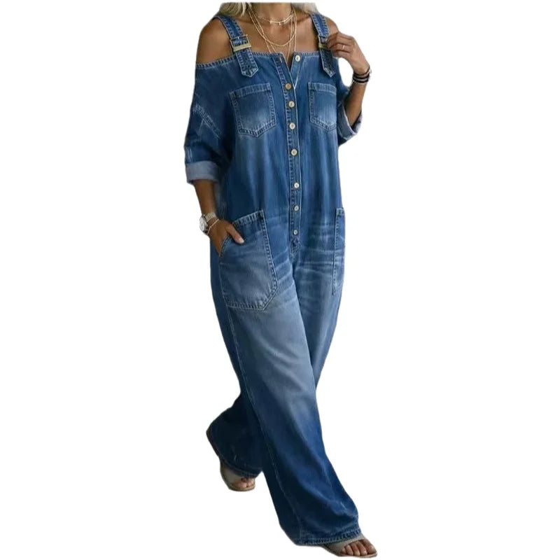Sexy Fashion Shoulder Bared Denim Overalls with Pockets Wide Leg Street Style Loose Waist Cotton Blend Polyester Blend