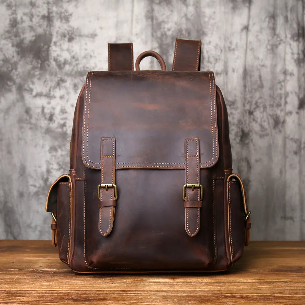 NZPJ Vintage Genuine Leather Men Backpack Large Capacity Top-Grain Cowhide Backpack Casual Trendy Crazy Horse Leather Laptop Bag