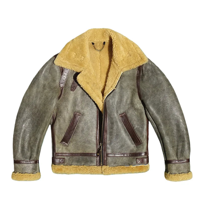 Dark Green Winter Shearling Jacket Men Retro Style Plus Size 5XL Genuine Natural Thick Sheepskin Turn-Down Collar B3 Flight Coat