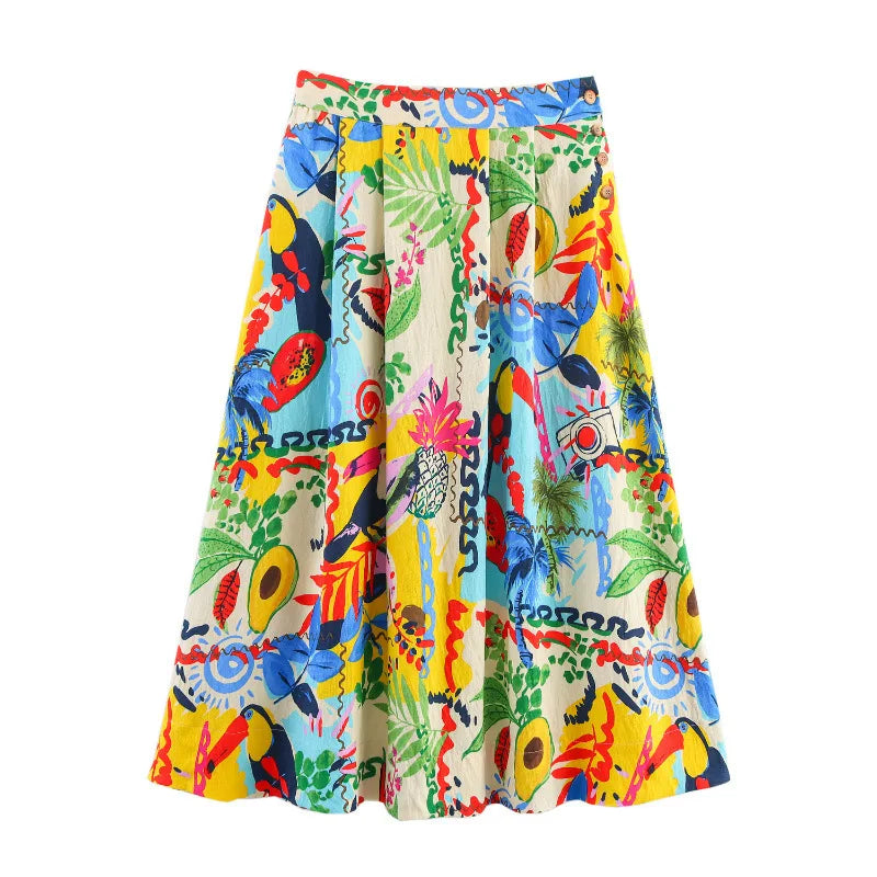 Fashionable Casual Tropical Print Cloak Style Midi Skirt Spring Summer New Arrival Women's Clothing Cotton Polyester Blend