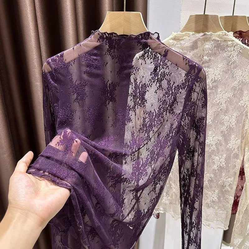 Elegant High Collar Lace Base Shirt Women's Inner Wear Hollow out Mesh Top Trendy Autumn New Style Stackable Collar
