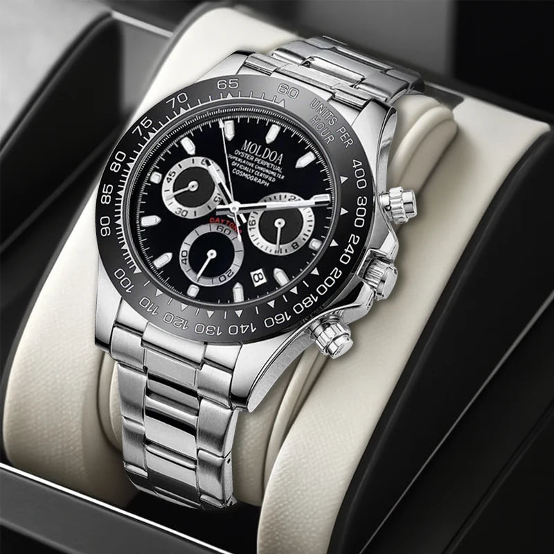 A Men's Silver Steel Strap Trendy Business Trinocular Multi-Function Graduated Quartz Watch