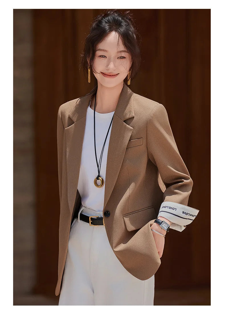 Café Brown Women's Casual Fashionable Suit Jacket Elegant Atmosphere Spring Autumn Season Polyester Spandex Commute Style