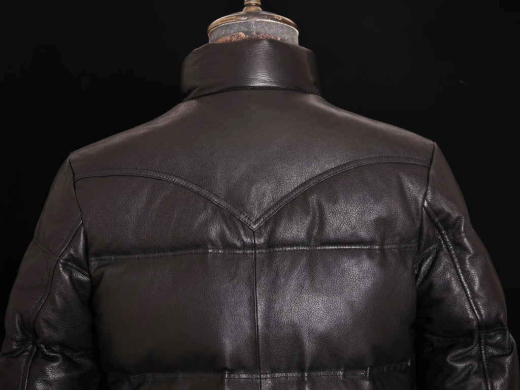 Black Winter Leather Jacket Men Retro Style Plus Size 5XL Genuine Natural Sheepskin Stand Collar Thick Warm Down Coat